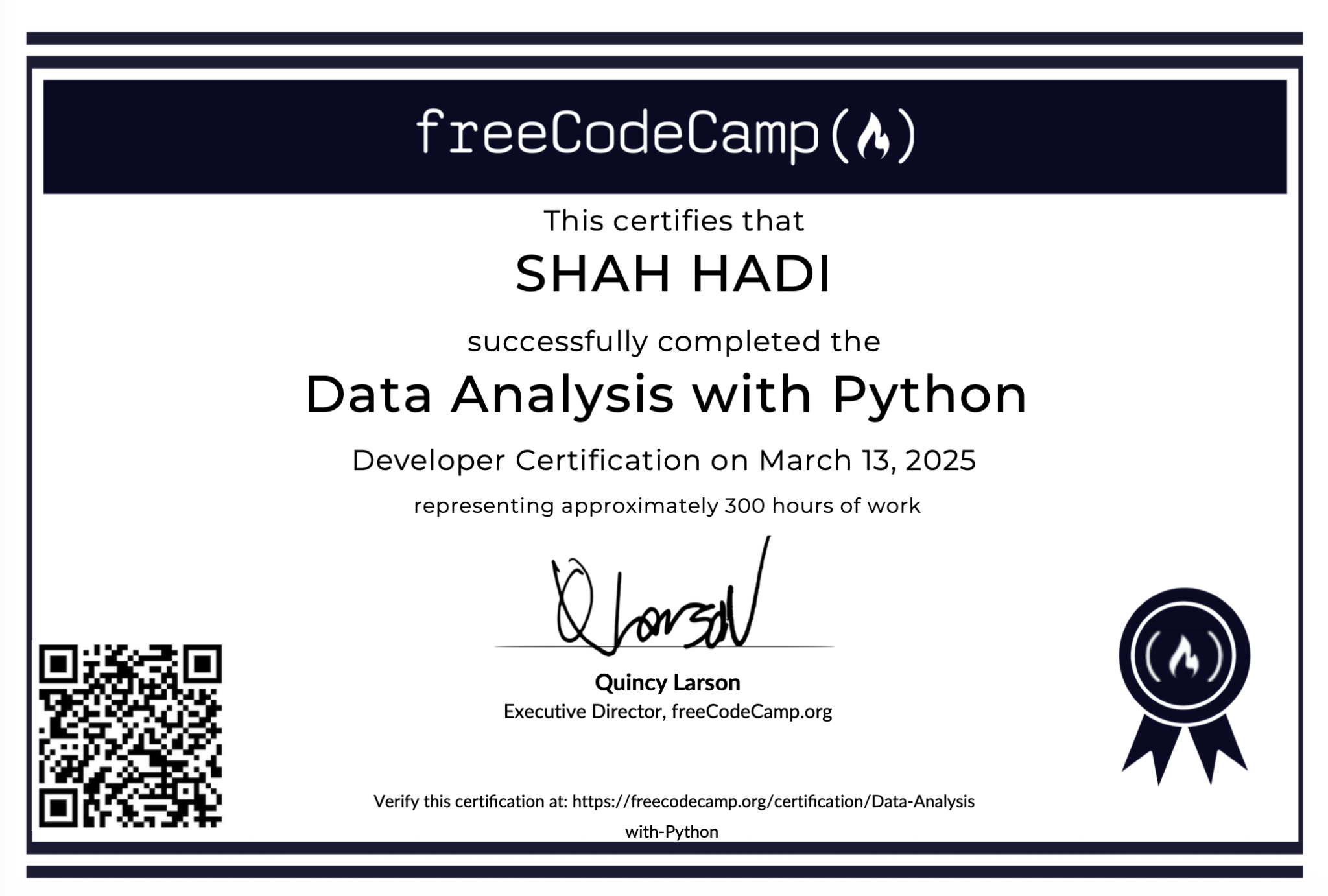 Data Analysis with Python certificate preview