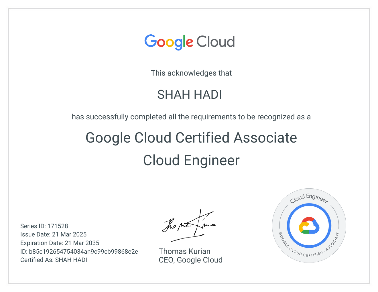 Google Cloud Certified Associate Cloud Engineer certificate preview