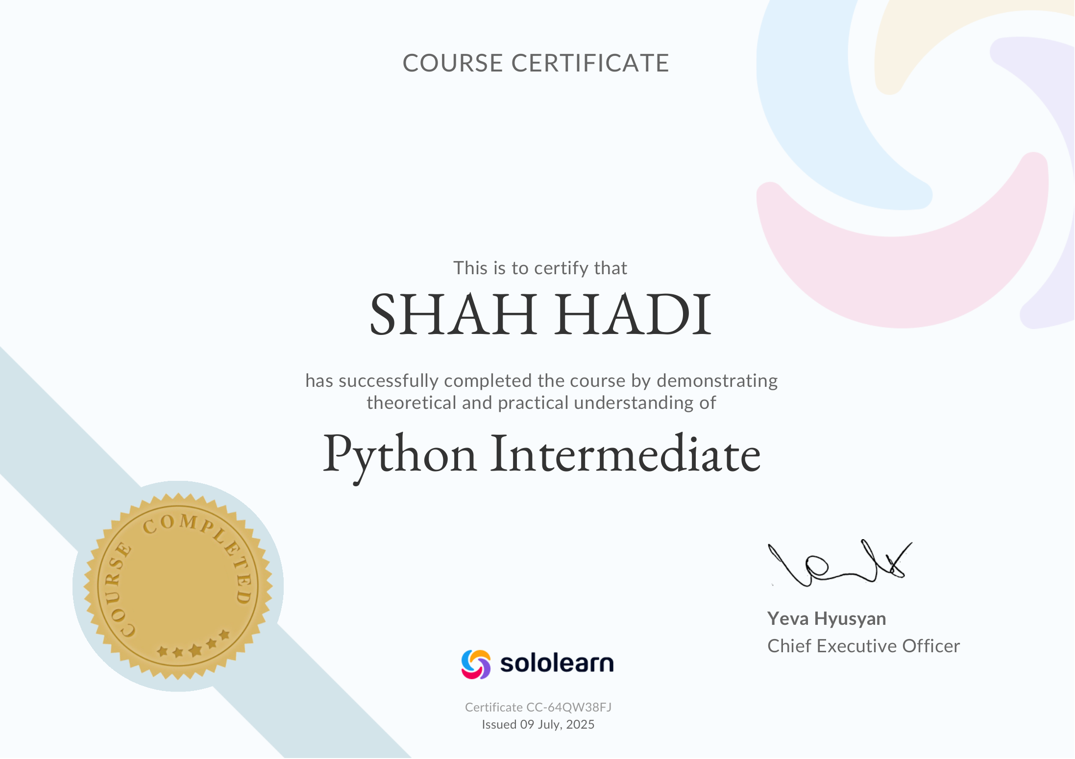 Python Intermediate certificate preview